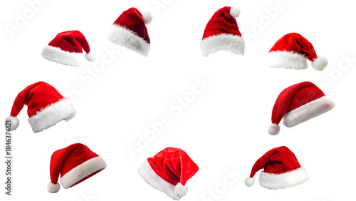 PNG image of Collection of nine festive red and white plush santa claus hats for christmas celebration design elements on transparent background with copy space