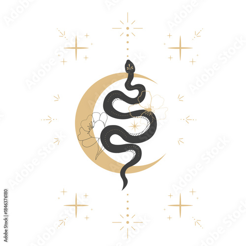 Celestial kundalini snake with golden moon line tattoo. Boho mystic snake with stars. Black serpent silhouette.symbol of spiritual awakening, vitality and inner peace.