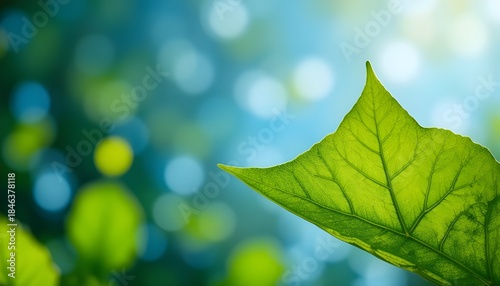 Abstract Background Featuring Green Leaves, Blue Sky, and Soft Bokeh Light Effects