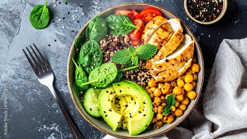 A vibrant, healthy bowl with chicken, vegetables, chickpeas, and seeds, with a hand adjusting food