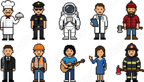 Pixel art professions characters set, people avatars showing different jobs careers icons in retro 8 bit style