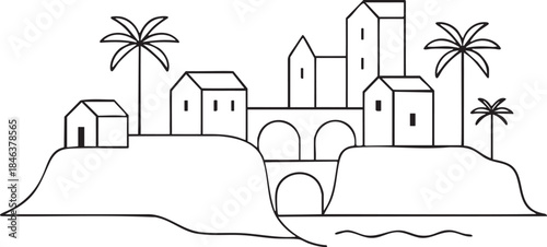 Black and white line art illustration of a coastal village with palm trees and arched bridge vector
