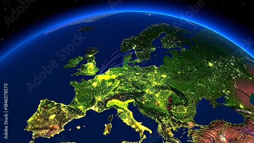 A vibrant nighttime view of Europe with city lights, glowing green, across a deep blue space