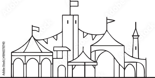 Black and white line art illustration of a whimsical circus tent village with flags and banners