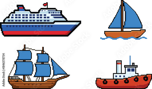Pixel art boat and ship icons set featuring cruise liner, sailboat, cargo ship, tugboat, marine transport, nautical travel concept