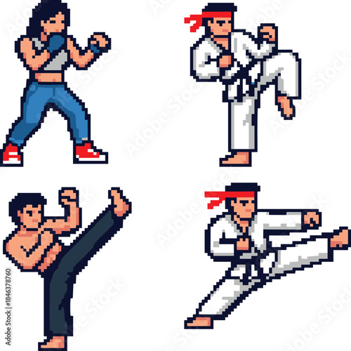 Pixel art martial arts fighters character set, karate and kickboxing poses, combat action sprites, retro arcade fighting game illustration