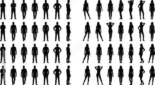 People silhouette collection, male and female standing poses, human figures set, different body postures, minimal design, black silhouettes