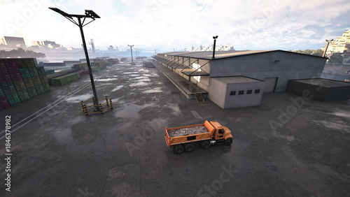 Obraz na plátně A bright morning unfolds in an industrial area, where a truck transports materials near large cargo containers