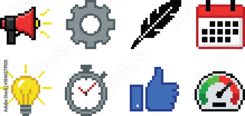 Pixel art productivity business icons set, megaphone gear calendar idea time approval speed meter, retro game style illustration