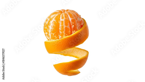 Vibrant orange citrus fruit with spiraling peel against clean white background evoking freshness and healthy eating