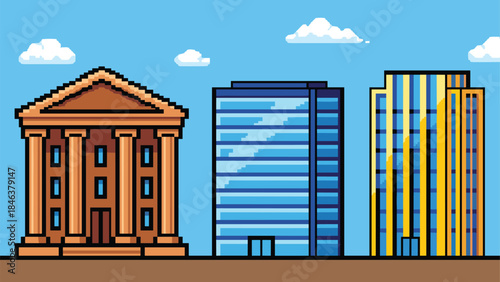 Pixel art city buildings illustration, bank and modern office skyscrapers skyline, urban finance architecture concept, retro 8 bit style