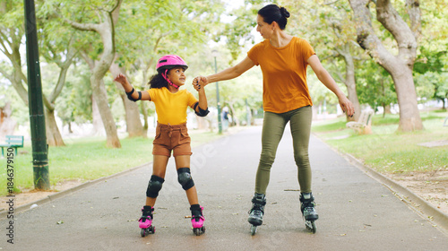 Foto Roller skating, holding hands and mom with child in nature on holiday, getaway or weekend trip with balance
