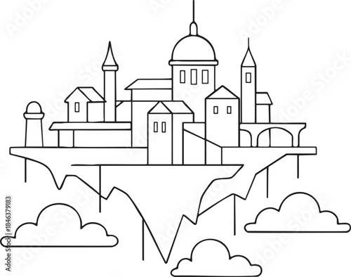 Black and white line art of a floating island city with clouds below vector