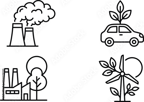 Line icon set showing pollution factory, eco car, green industry, wind energy, sustainability, environment protection, clean technology concept