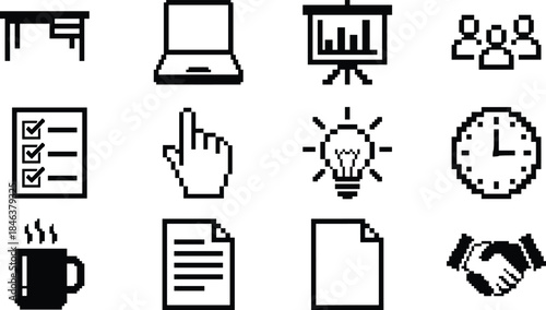 Pixel art office work icons set, desk laptop presentation teamwork, checklist idea time document, minimal black white illustration