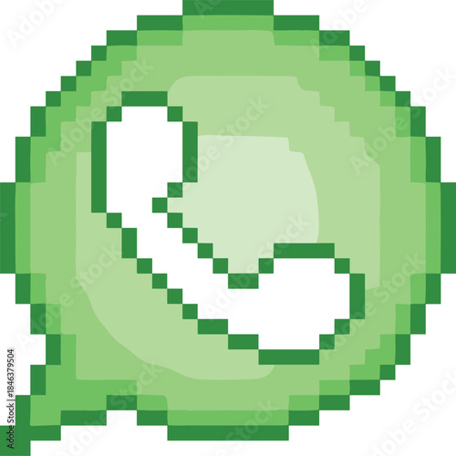 Pixel art chat and messaging icon illustration, green phone bubble symbol, social communication app logo, retro game style design