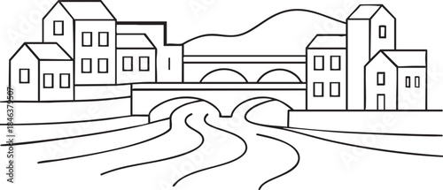 Black and white line drawing of a village with a river and bridge town city
