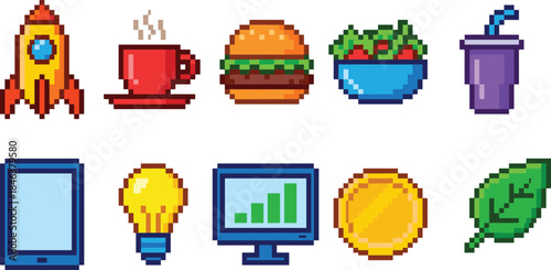 Pixel art startup lifestyle icons set, food drink technology growth eco symbols, retro game style business illustration