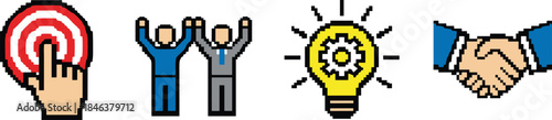 Pixel art business success icons set, target achievement, teamwork celebration, creative idea solution, partnership handshake, retro style illustration