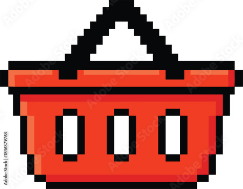 Pixel art shopping basket icon representing retail, ecommerce, online shopping, grocery purchase, consumer goods, market cart, digital commerce concept