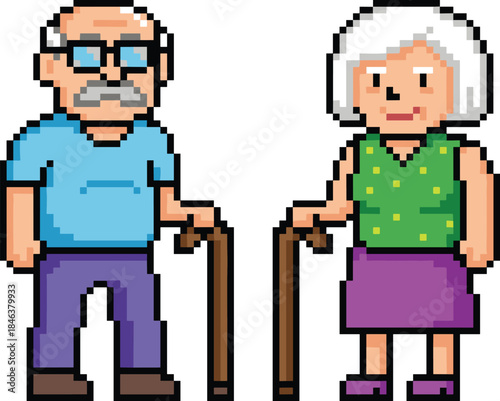 Pixel art elderly couple characters illustration, senior man and woman with walking sticks, retirement lifestyle, aging healthcare concept, retro style