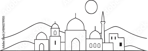 Minimalist black and white line art of a desert town with domes and a minaret under a sun village