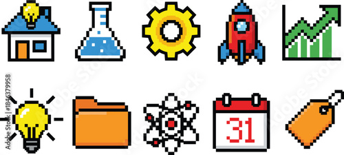 Pixel art startup business icons set, innovation science technology growth, rocket launch, idea planning, retro game UI illustration
