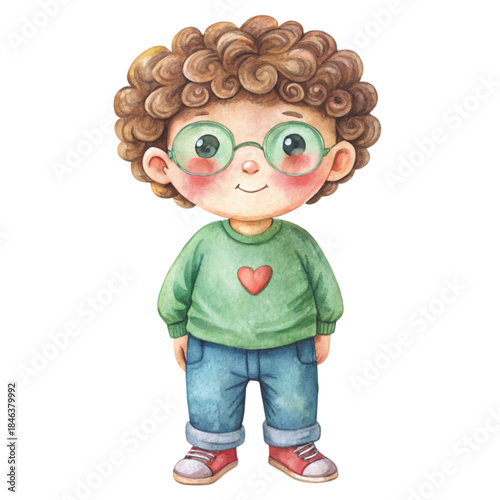 Cute watercolor illustration of a little boy with curly brown hair, and stylish round sunglasses vector