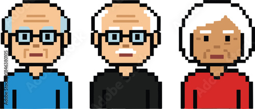 Pixel art senior avatar set illustration, elderly men and women faces, aging people icons, retirement healthcare concept, profile portrait design