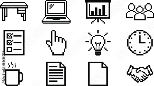 Pixel art office productivity icons set, desk laptop presentation teamwork checklist idea time documents, minimal black white illustration