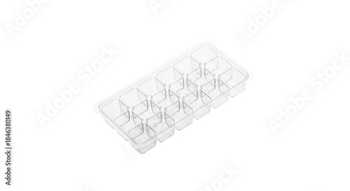 Minimalist still life showcasing a transparent ice cube tray against a crisp white background, emphasizing its geometric design