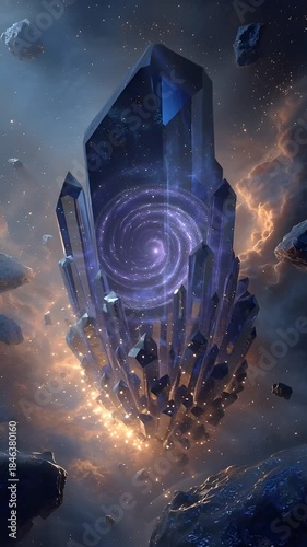 Futuristic crystal structure floating in cosmic space with swirling galaxy