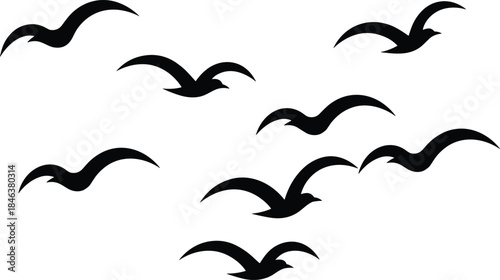 Flying bird silhouettes, seagull shapes in sky, freedom nature concept, minimal wildlife illustration, black birds, isolated on white background