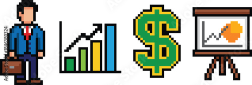 Pixel art business growth icons featuring businessman, analytics chart, dollar symbol, presentation board, finance, marketing, strategy, success, management concept
