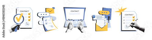 Business document and contract preparation process, laptop, checklist, and signature isolated on white background. Flat illustration with halftone collage. Contract management and digital workflow