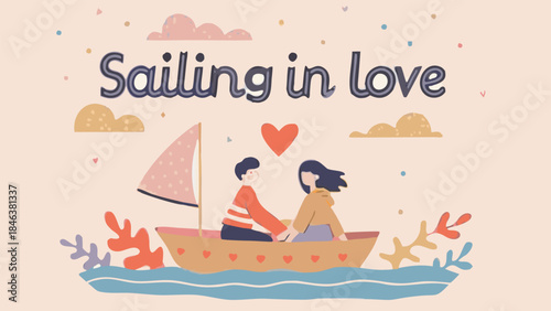 A romantic couple sails together on a small boat with a heart shaped sail in calm waters under a sunny sky with clouds