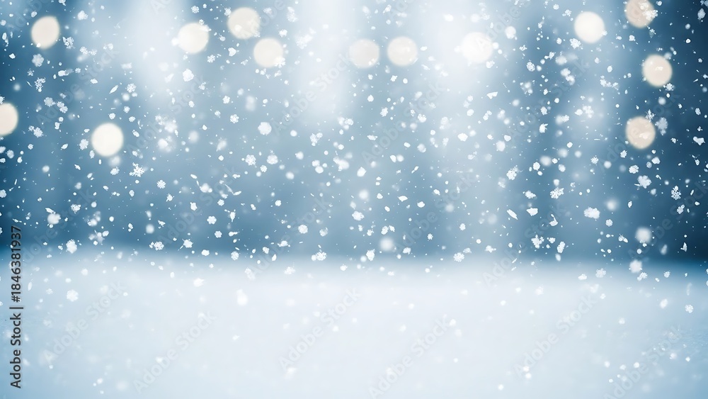 Fototapeta premium A magical winter wonderland with falling snow and sparkling bokeh lights on a frosty evening