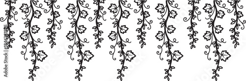 Black and white illustration of hanging vines with leaves and curly tendrils forming a decorative botanical pattern.