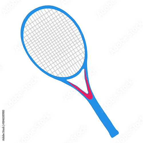A vibrant and colorful illustration of a modern tennis racquet with a blue frame and grip, and pink accents on the throat