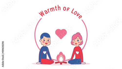A cartoon couple sits near a heart shaped campfire flame with hearts on their shirts in a loving romantic scene