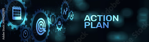 Tablou pe pânză Action Plan Strategic Execution and Goal Setting on a Wide Banner, Business and Technology Concept