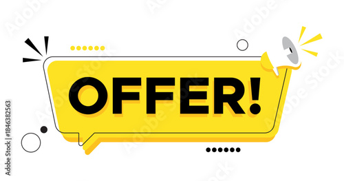 Offer! Special Discount Speech Bubble Banner with Megaphone. Sale Promotion Tag Template with Yellow Dialog Box. Marketing Announcement Sticker with Megaphone and Offer Text.