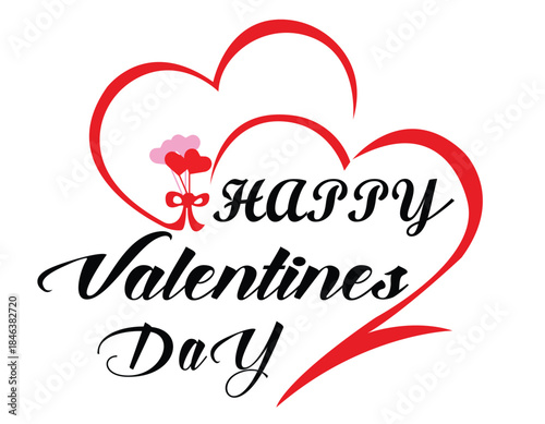 An elegant Valentine’s Day typographical design featuring the cursive greeting "HAPPY Valentines Day" partially enclosed by two large, sweeping red heart outlines.