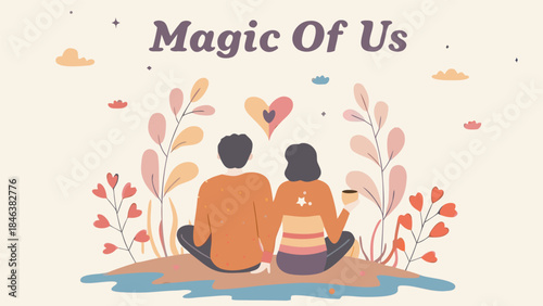 Couple sitting on floating heart shaped island surrounded by flowers and leaves in playful vibrant style