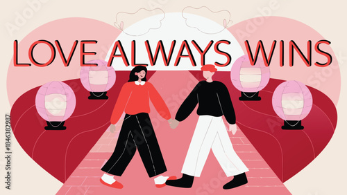 A romantic couple holding hands walking on a heart shaped path surrounded by pink lanterns in a lovely garden with love always wins