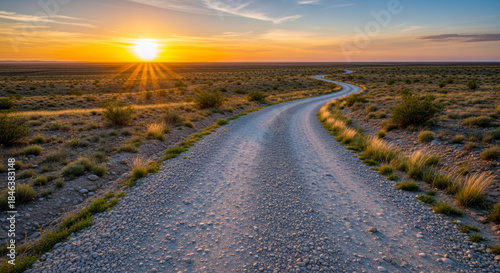 Desert Sunset Road Illustration – Winding Gravel Path Through Flat Terrain with Golden Sky and Sparse Vegetation