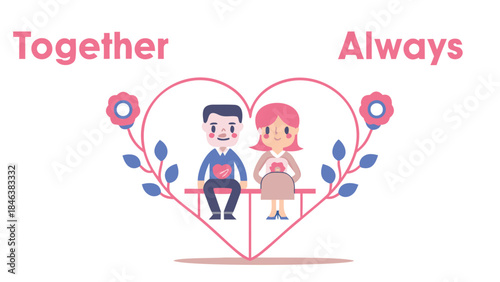 A loving couple sits together on a heart shaped bench surrounded by flowers and leaves in a romantic setting