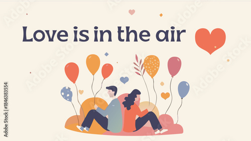 Couple sitting on heart shaped cloud surrounded by colorful balloons and hearts in romantic atmosphere