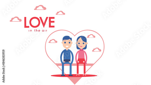 Cartoon couple sitting on heart shaped cloud with pink and blue colors in romantic scene