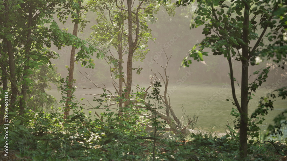 Naklejka premium Sunlight gently streams through the lush green leaves, creating a serene atmosphere in the forest. A tranquil pond reflects the beauty of nature, offering a moment of quiet reflection.